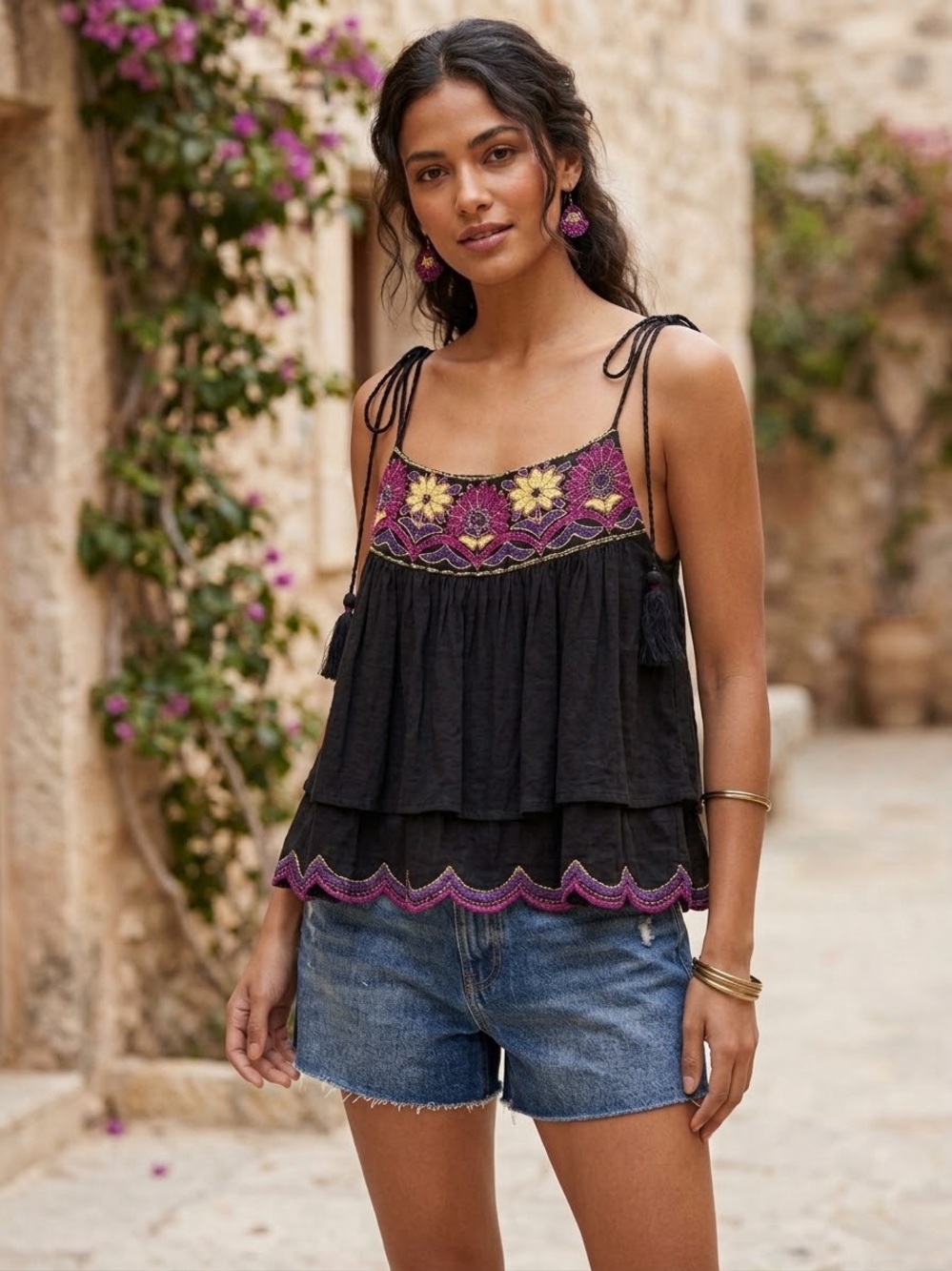Free People Black Tiered Embroidered Tie-String Camisole